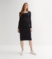 New Look Maternity Black Ribbed Scoop Neck Long Sleeve Belted Midi Dress